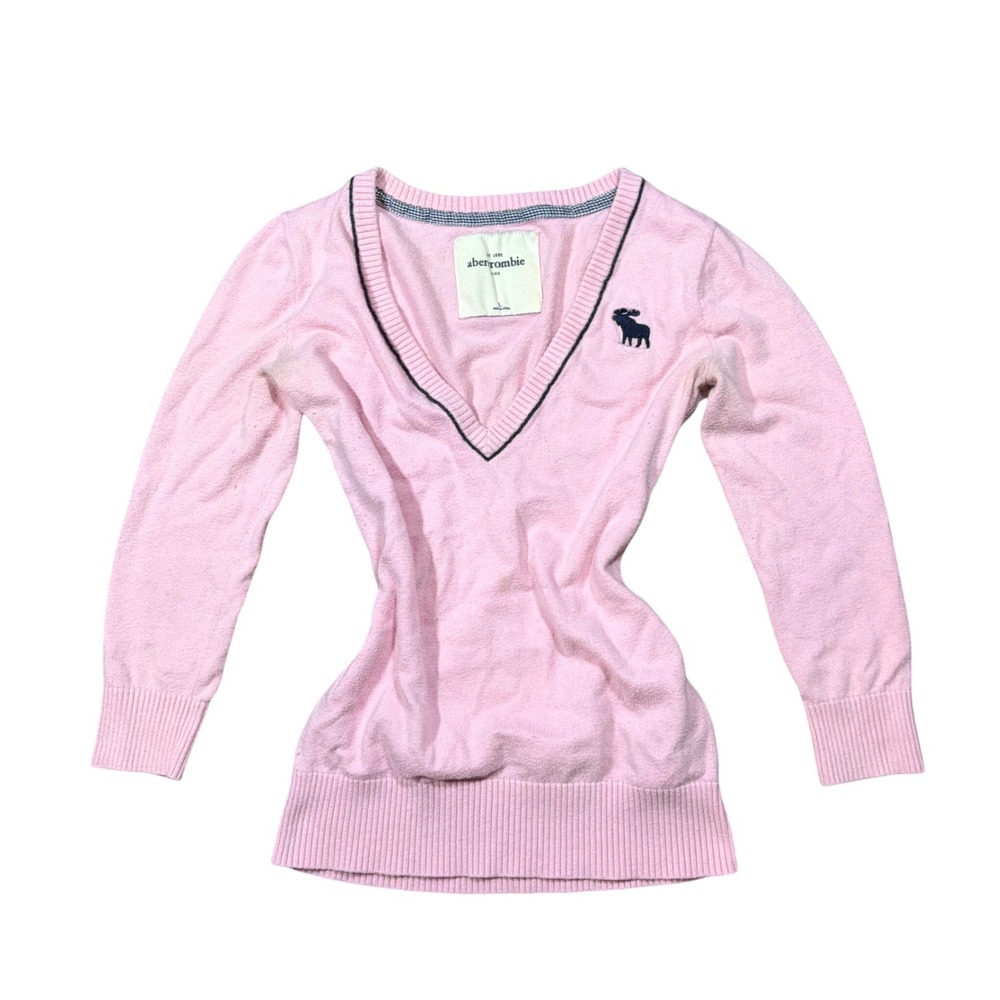 Rare Y2K Abercrombie Pink V-Neck‎ Sweater Moose Logo Gingham Trim Size Large